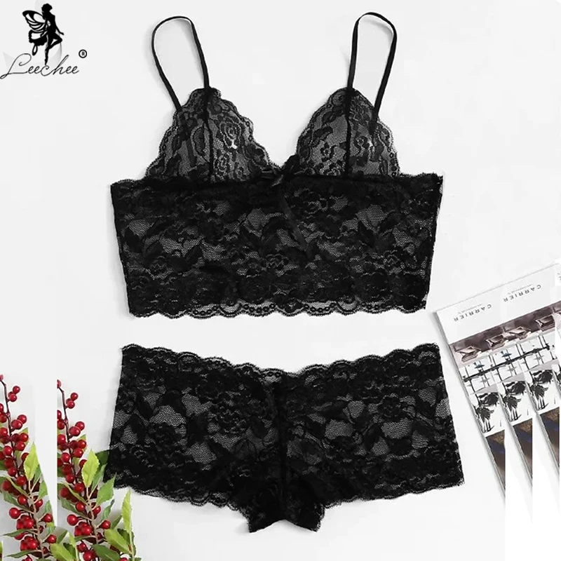 Leechee New Women's Underwear Plus Size Sexy Lingerie Single Layer Perspective Bra Thin Section Seamless Lace Undies Panties Set