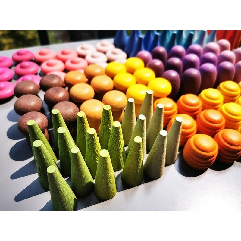 6Pcs Kinderen Houten Rainbow Mandala Losse Onderdelen Speelgoed Paddestoelen Honingraat Druppeltjes Boom Kegels Mini Munten Bouwstenen