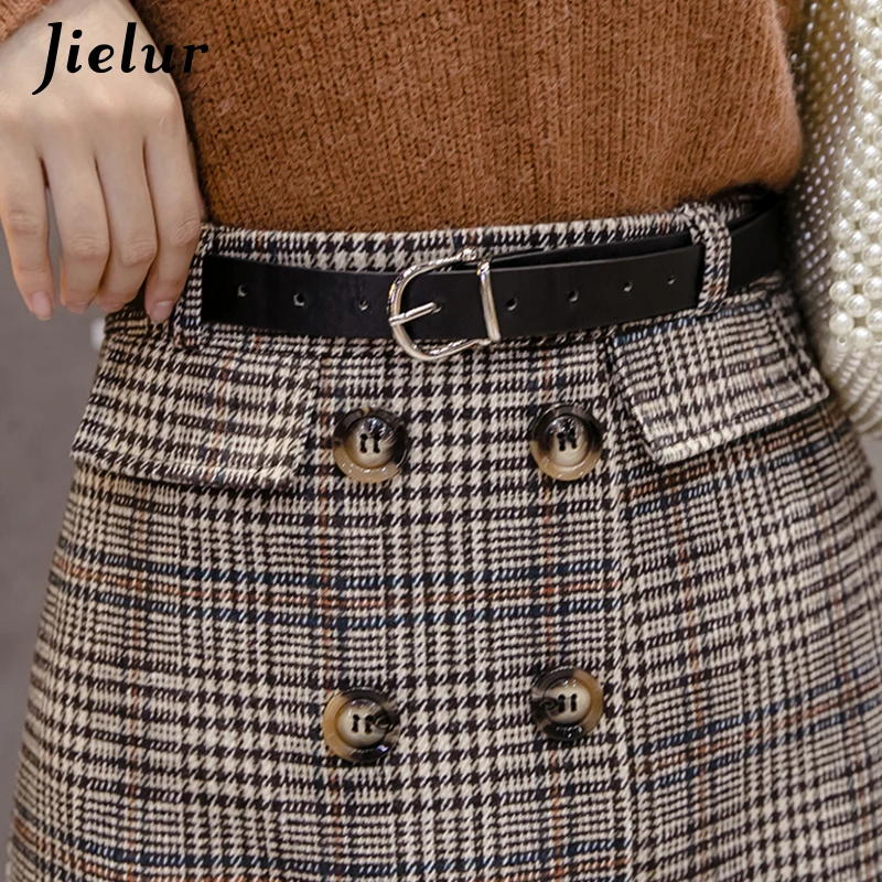 Jielur-saia estampada xadrez com botões, moda coreana, slim, com alças, para outono e inverno 2021