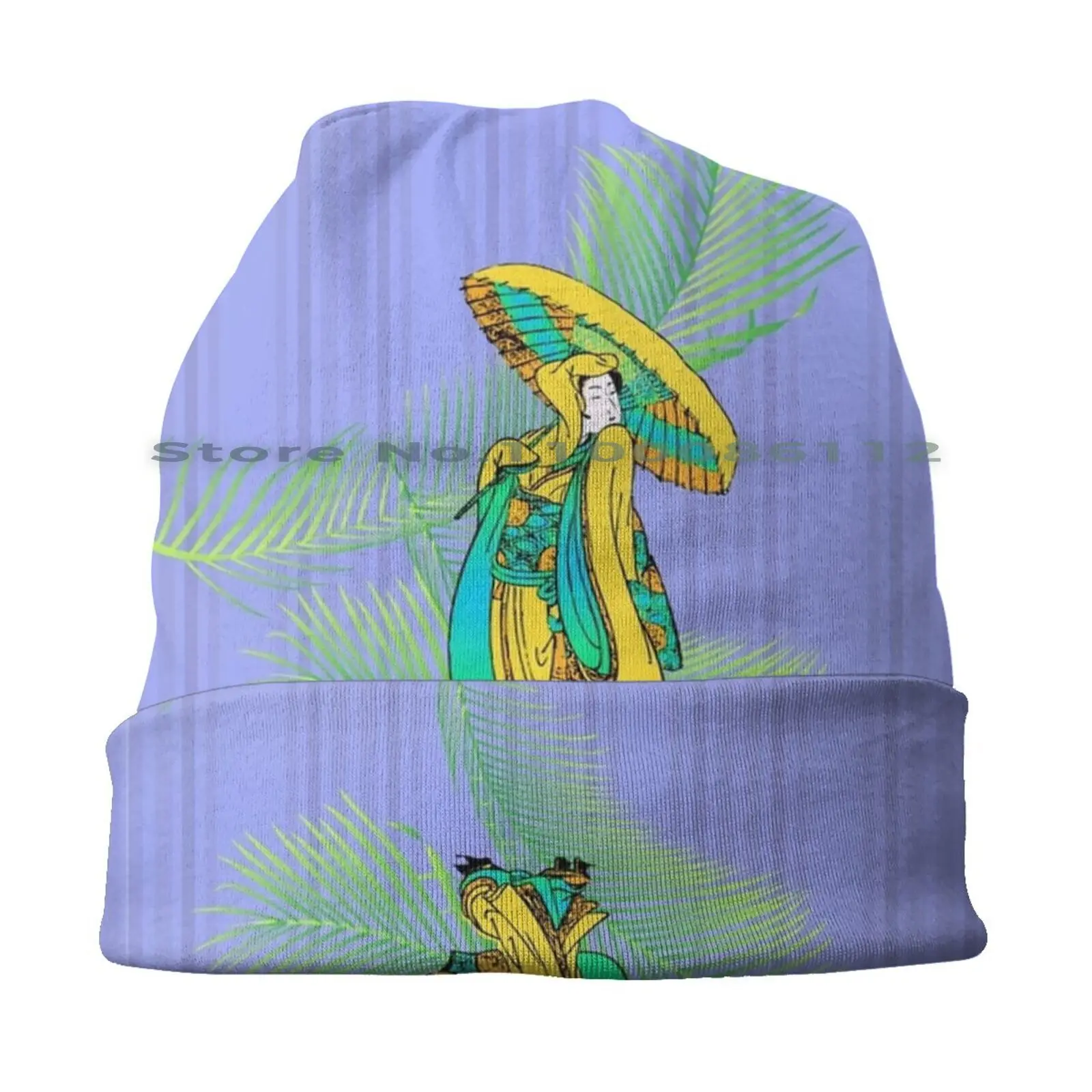 Geisha Tropicale Beanies Knit Hat Tropical Leaves Lavender Stripe Geisha Parasol Green Brimless Knitted Hat Skullcap Gift