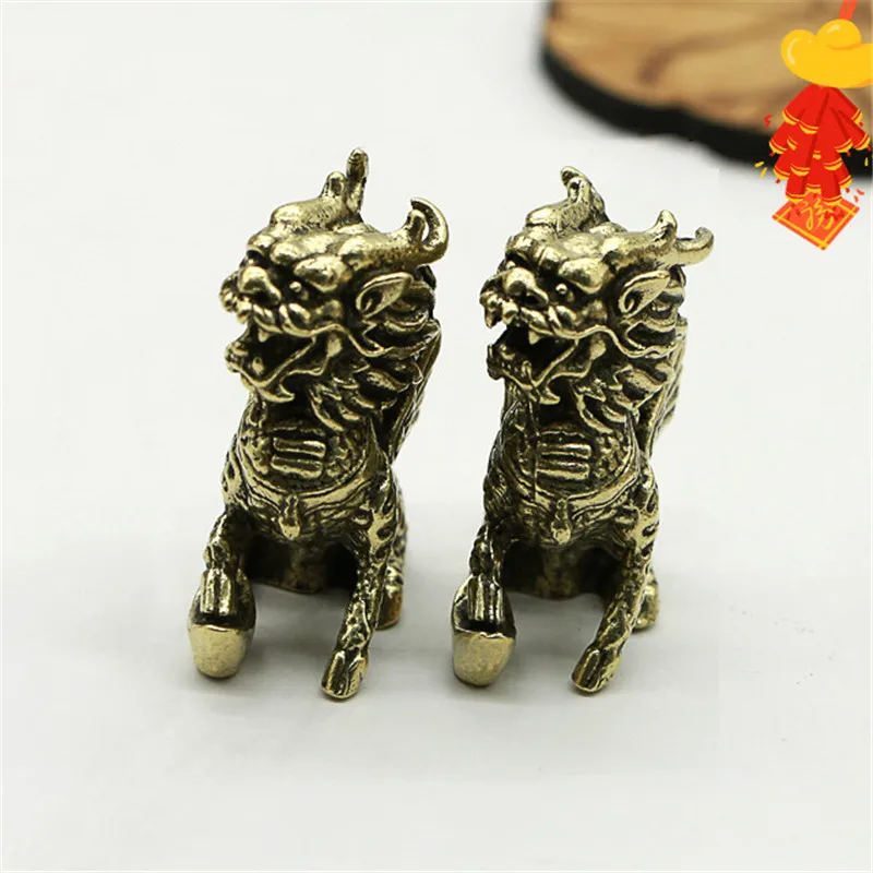 Vintage Bronze Chinese Mythical Beast Qi Lin Statue 1 pair Copper Animal Ornaments Lucky Home Feng Shui Living Room Decorations