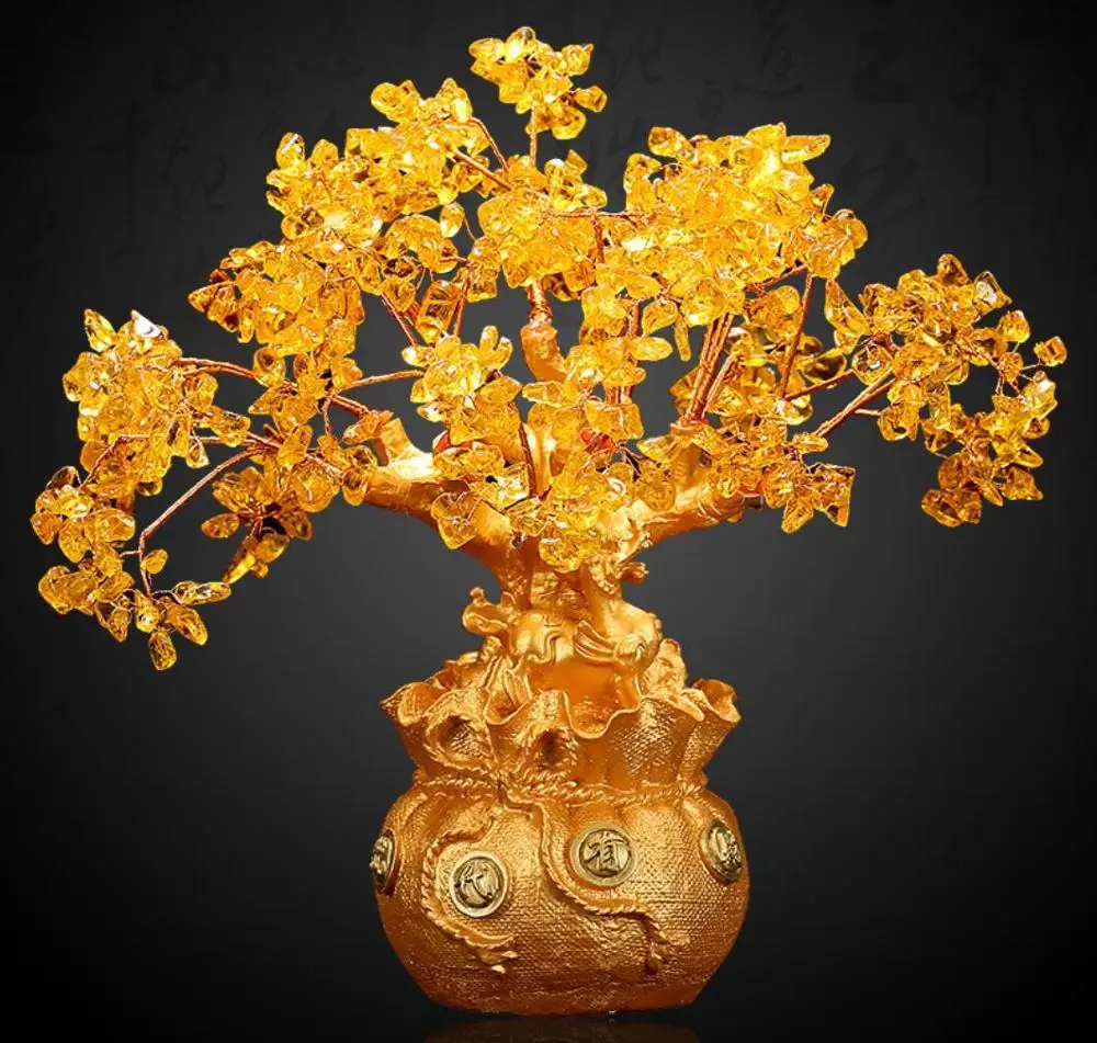 The factory wholesale natural crystal treasure collection tree decoration yellow crystal cash tree opening process gifts