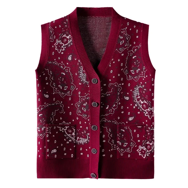 Women\'s Vest Middle-Aged Elderly Women\'s Knitted Cardigan Sweater Waistcoat Spring Autumn Knitted Jacket Female Outerwear Tops