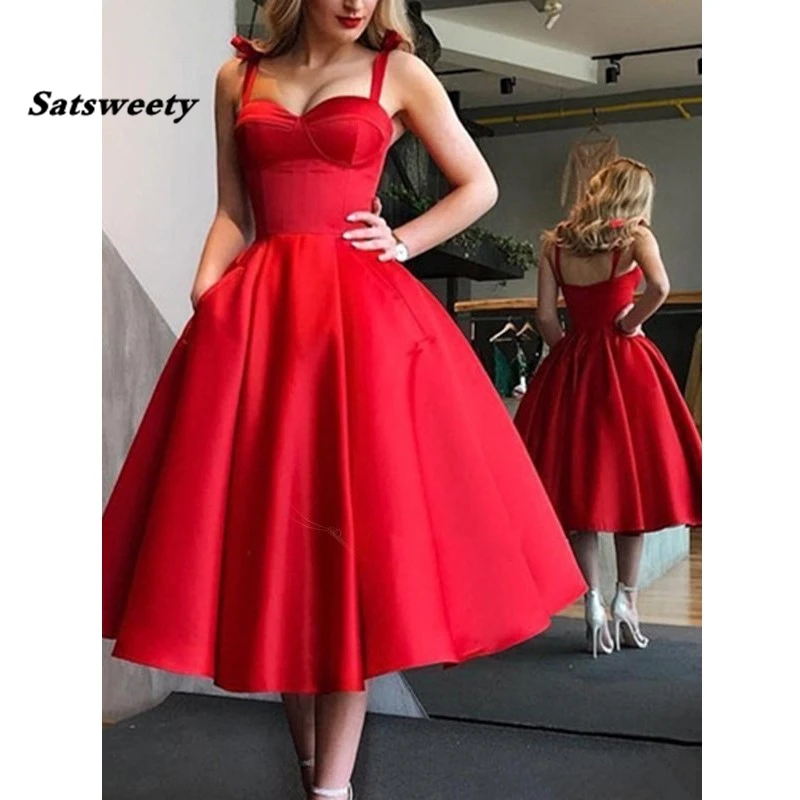 

Red Long Prom Gown Straps Tea-Length Sleeveless Party Maxys Sweetheart Satin Ball Gown Evening Dress Simple Prom Dresses