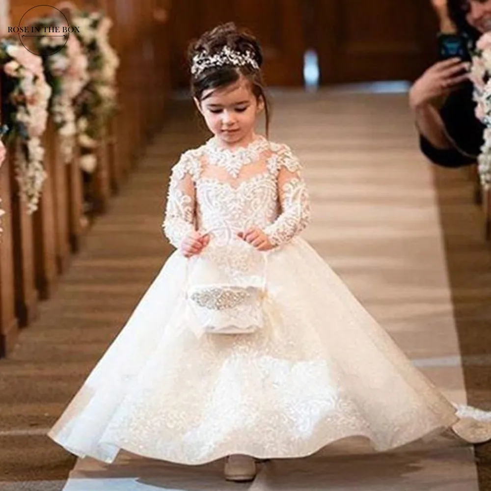 Billige Elfenbein Langarm Ballkleid Spitze Blumen mädchen Kleider Fliege zurück Pailletten Prinzessin Mädchen Kleid Robe Prinzessin Enfant