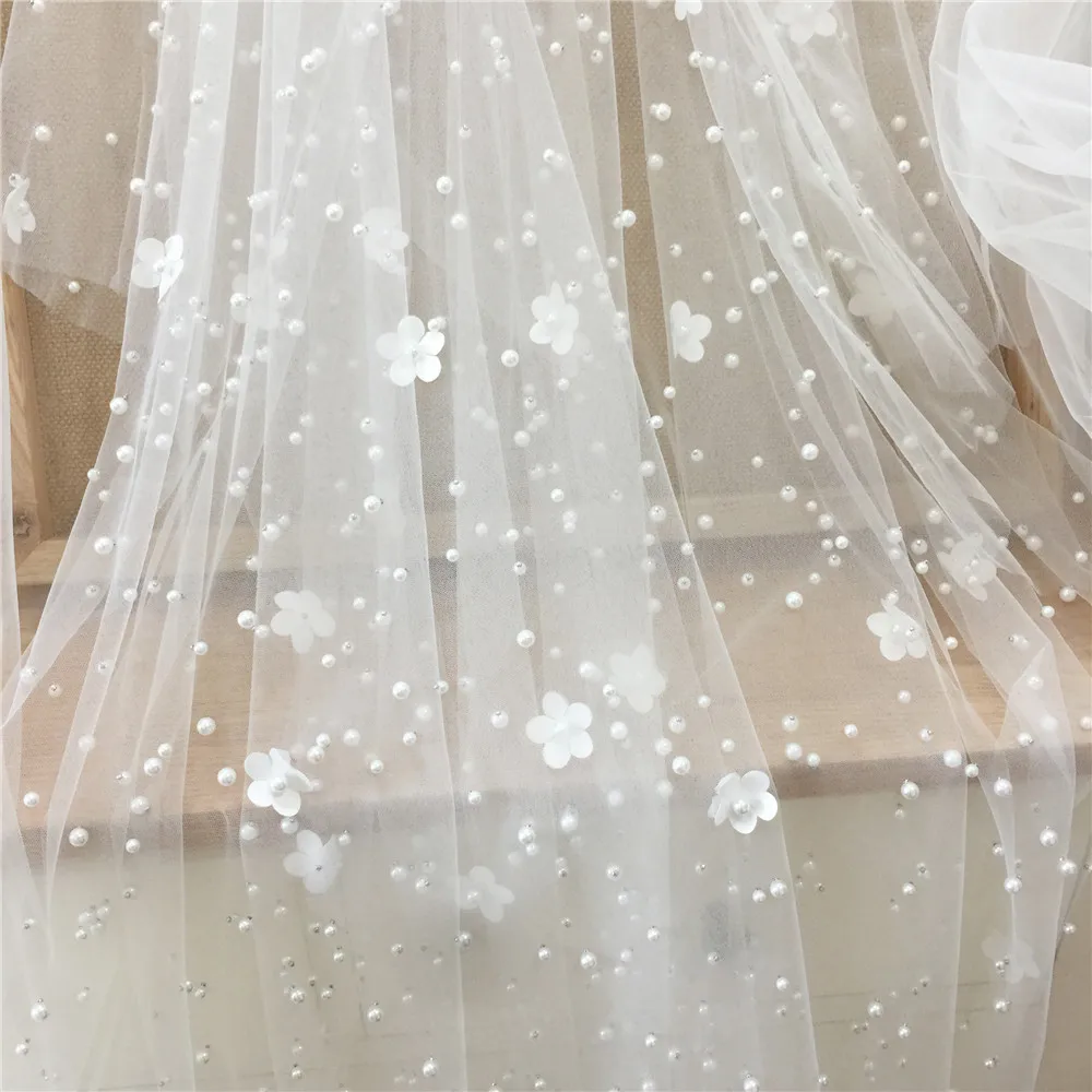 1M Boutique Three-dimensional Flower Pearl Nail Bead Net Yarn Light Luxury Aesthetic Wedding Dress Gaoding DIY Accessories