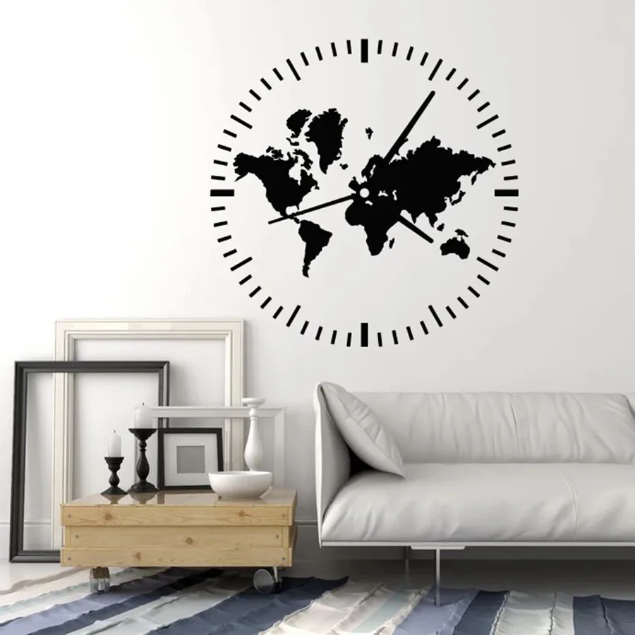 Clock Wall Decal Travel Tourism Abstract World Map Vinyl Window Stickers Living Room Bedroom Home Decor Art Creative Mural M615