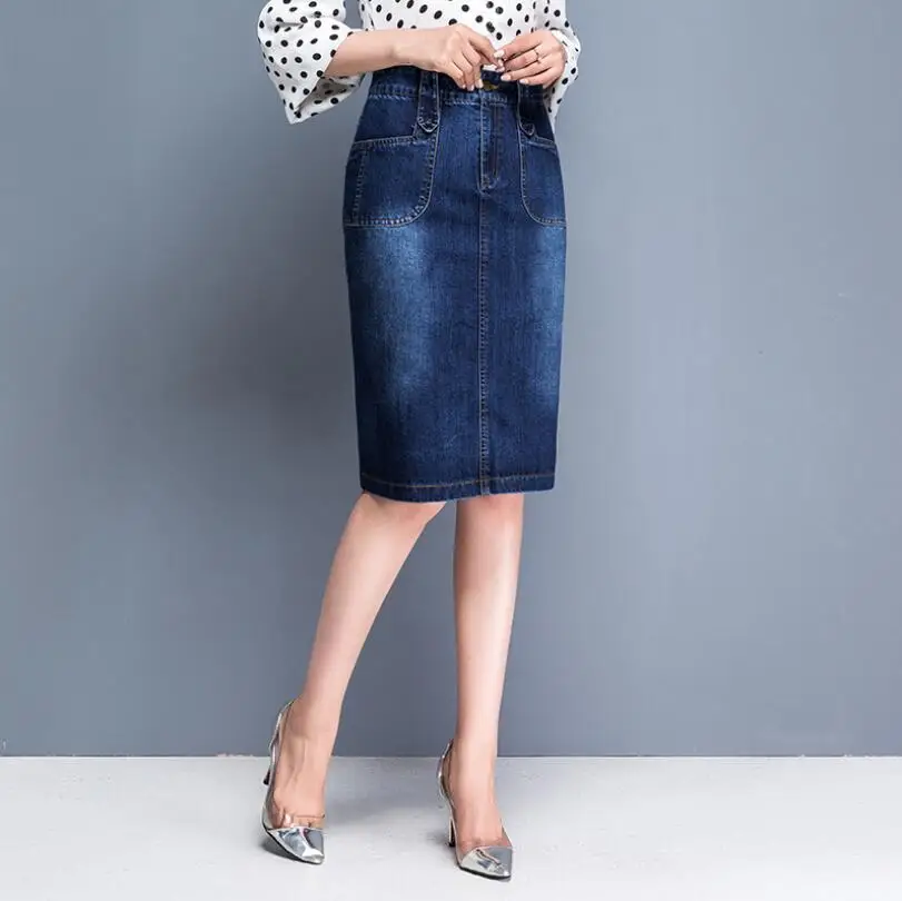 

Women Jeans skinny Skirts Blue Girls High Waist Casual Denim Pencil skirt Female Knee-Length Skirts P2490