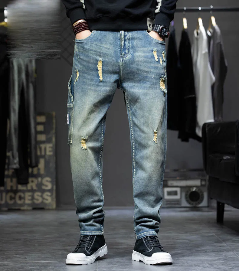 Idopy Men`s Fashion Ripped Jeans Stretch Side Pocket Biker Style Vintage Washed Brand Designer Denim Joggers For Male