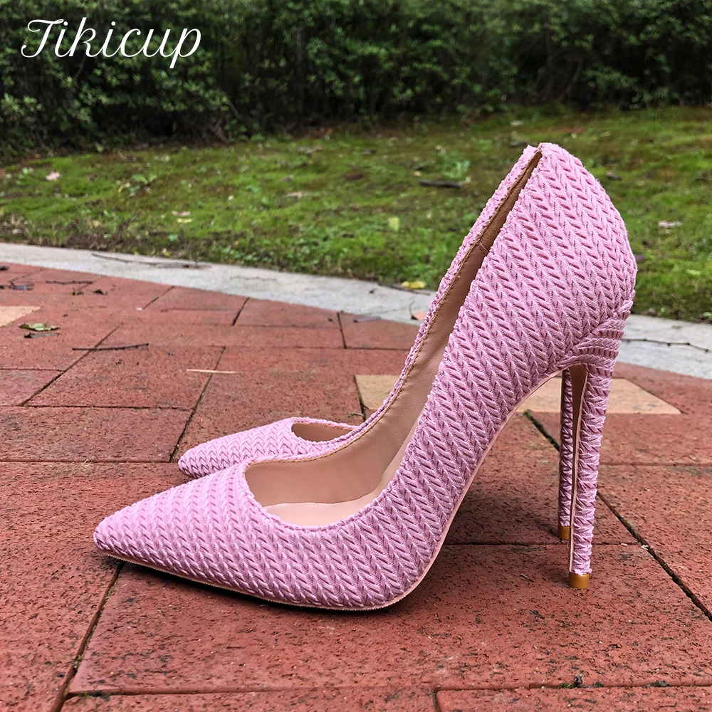 Tikicup Pink Women Woven Fabric Pointed Toe Stiletto Pumps Ladies Wedding Bridemaids Shoes 8cm 10cm 12cm High Heels Size 33-45