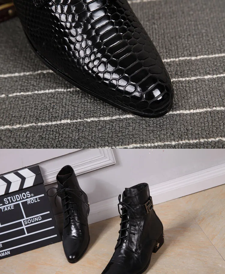 Herren-Chelsea-Stiefel aus echtem, glänzendem Leder, spitzer Zehenbereich, mit Nieten verziert, Schnürstiefel, luxuriöse Mode für Herbst, Bankette und Partys – Detail 6