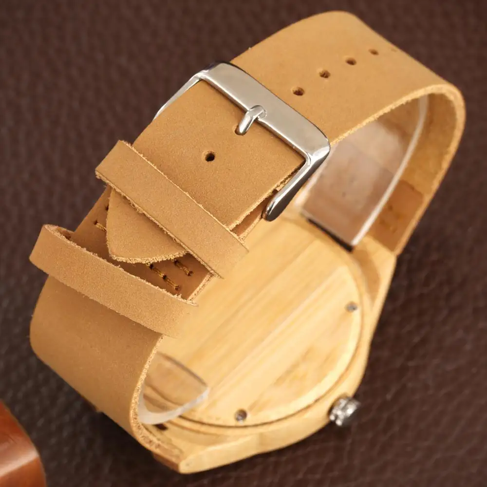 Montre en bois de bambou pour hommes, cadran en alliage créatif, affichage des fonctions des heures et des minutes, bracelet en cuir Unique, à Quartz