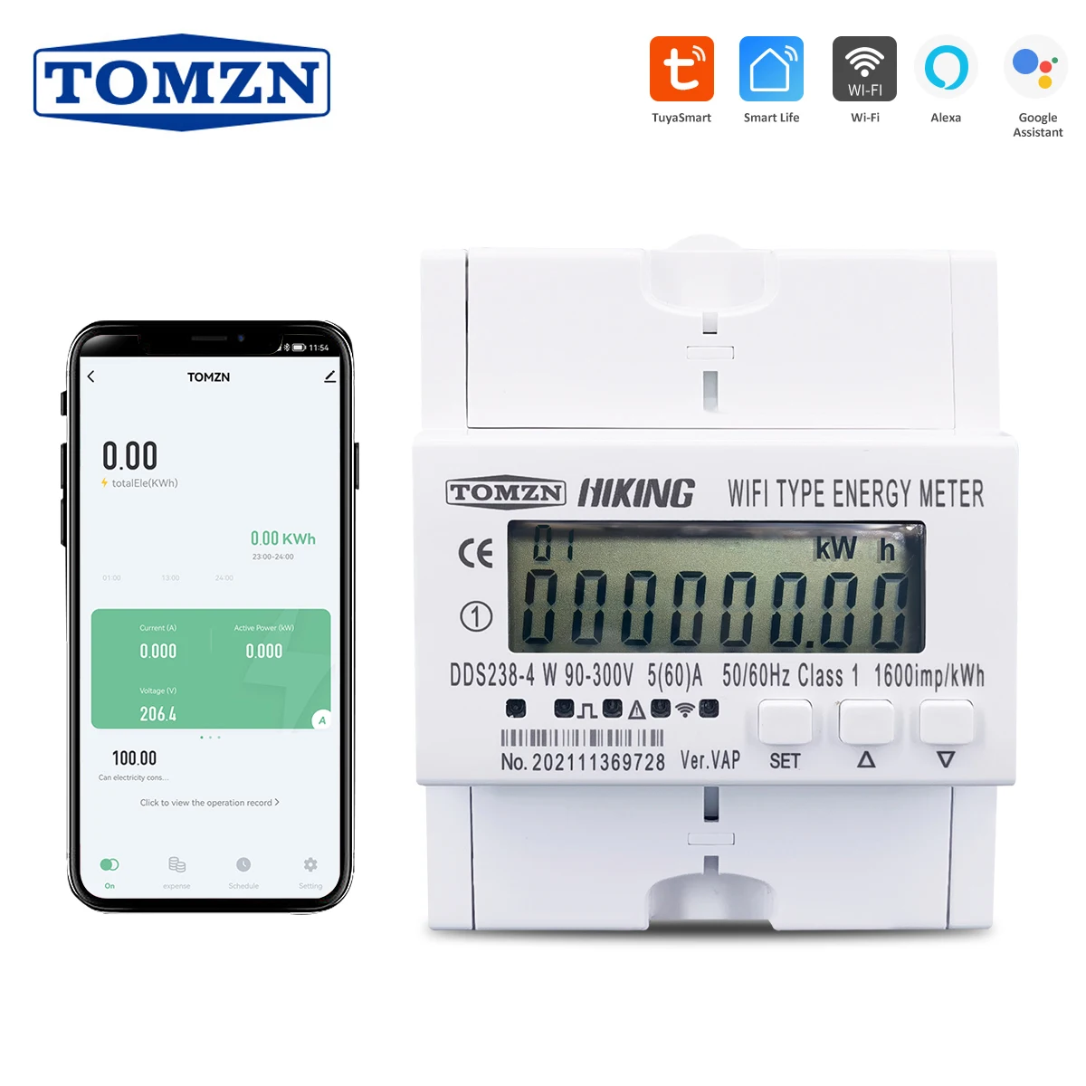 60A 90-300V TUYA Single Phase WIFI Smart Energy Meter Kwh Monitoring Circuit breaker Timer with voltage current protection RS485