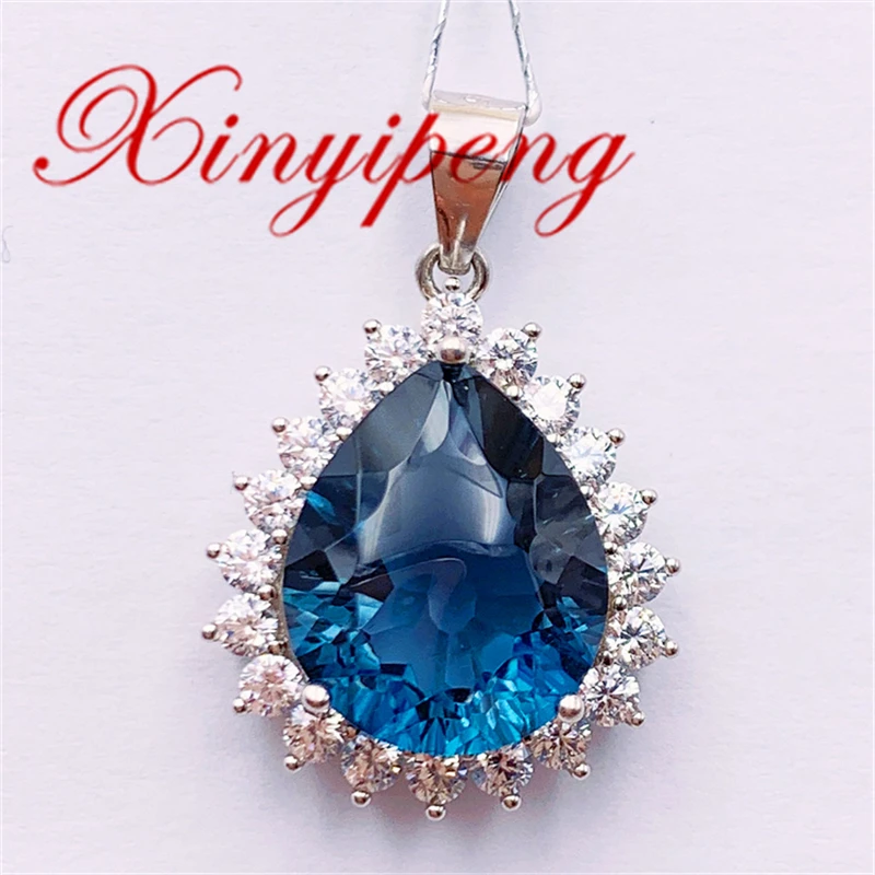 

Xin Yipeng Fine Gem Jewelry Real S925 Sterling Silver Plated White Gold Inlaid Blue Topaz Pendant Anniversary Gift for Women