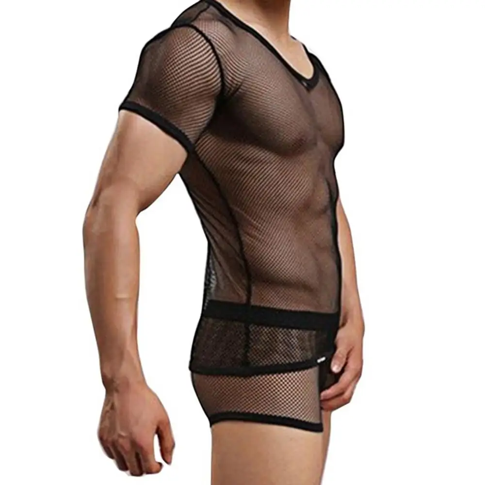 Sexy Men Mesh See Through T-Shirt Fishnet Hollow Clubwear Streetwear Perform Male Short Sleeve Top Undershirt Tops Tee