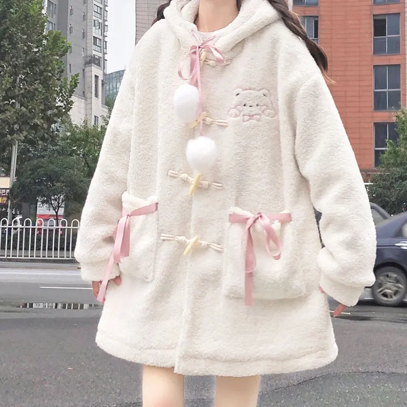 Japanese Cute Mid-Length Horn Button Loose Thickened Velvet Lamb Wool Hooded Cotton Coat Women's Autumn and Winter Tide