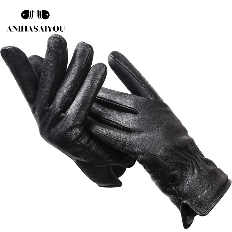 Guantes de piel de ciervo para hombre, guantes sencillos de cuero, suaves, táctiles, de cuero genuino negro, invierno, 2020