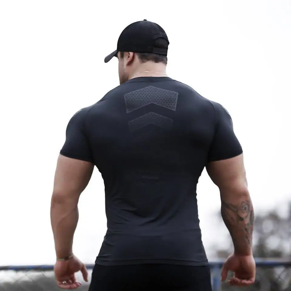 Men Tshirt Bodybuilding Hight Elasticity Quick Dry Muscle Shirts Workout Gym Fitness Mens Casual Exercise Clothing