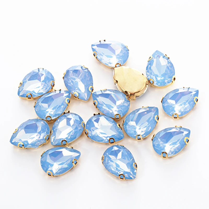 RESEN 50PCS Mix Shapes Mix Sizes Blue Opal Resin Sew On Stones With Gold Bottom Claw Rhinestones For DIY Clothing Accessories