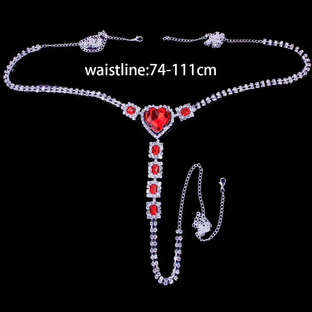 Sexy Red Crystal Body Chain Jewelry For Women Bikini Lingerie Rave Hollow Out Rhinestone Heart Thong Panties G String Gift