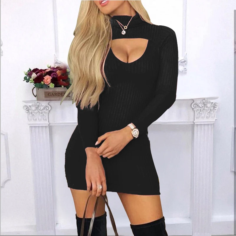 

New 4 Colors Sexy Bodycon Black Dresses Women Autumn Solid Patchwork Hollow Out High Neck Long Sleeve Club Mini Red Dress 1101