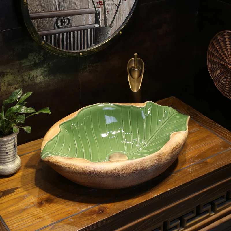 

Europe Vintage Style Hand Painting Art Porcelain Bathroom sink ceramic wash basin oval leaf shape