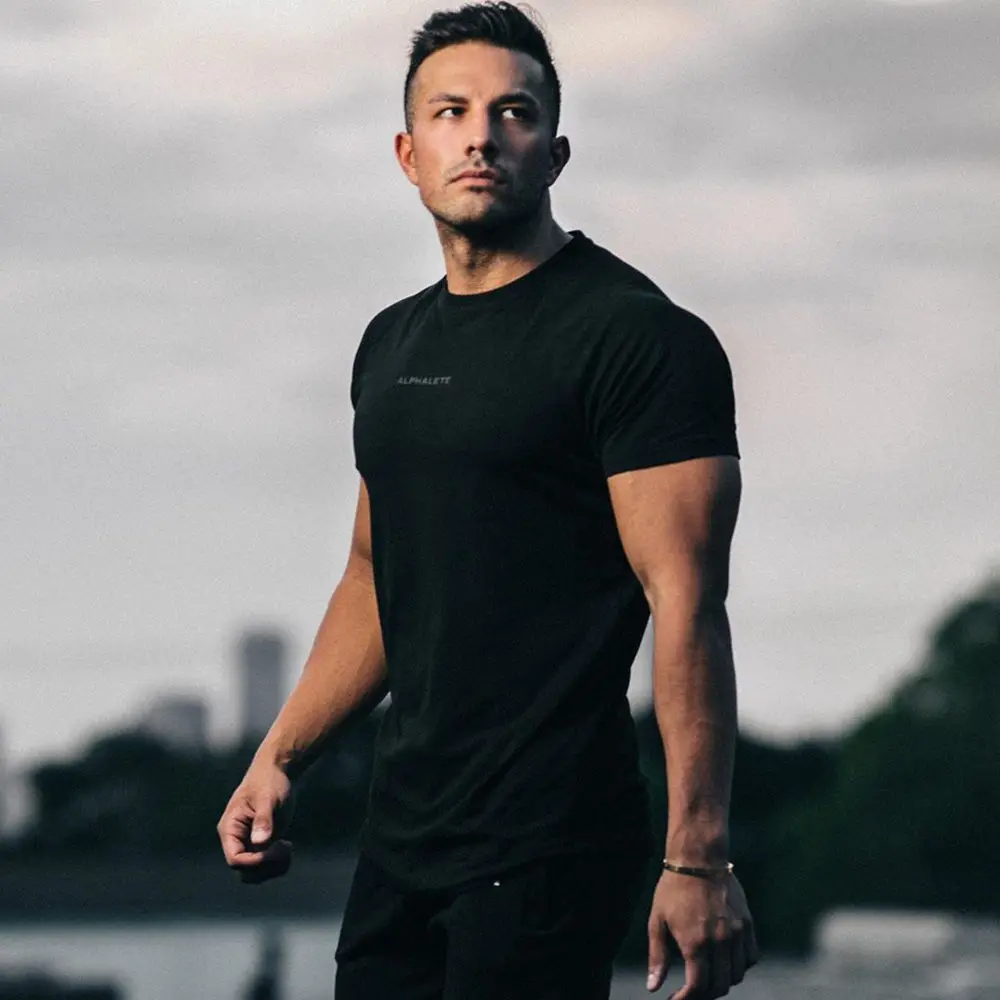 Black Gym Skinny T-shirt Men Casual Short Sleeve Shirt Male Summer Fitness Bodybuilding Cotton Tees Tops Running Sport Clothing