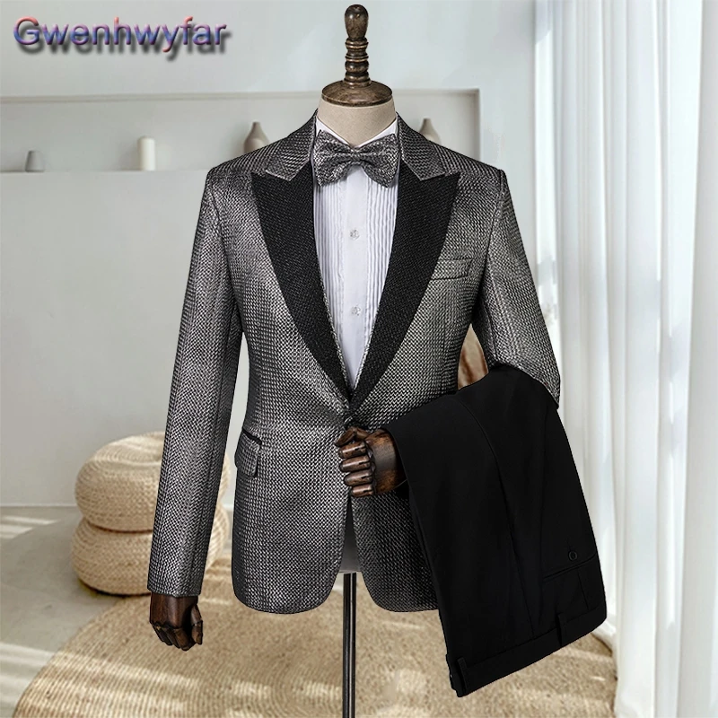 Gwenhwyfar Men Tuxedo Slim Fit Fashion Suit Wedding Shawl Lapel 3 Pieces Casual Single Breasted Jacket Party Prom Singer Costume