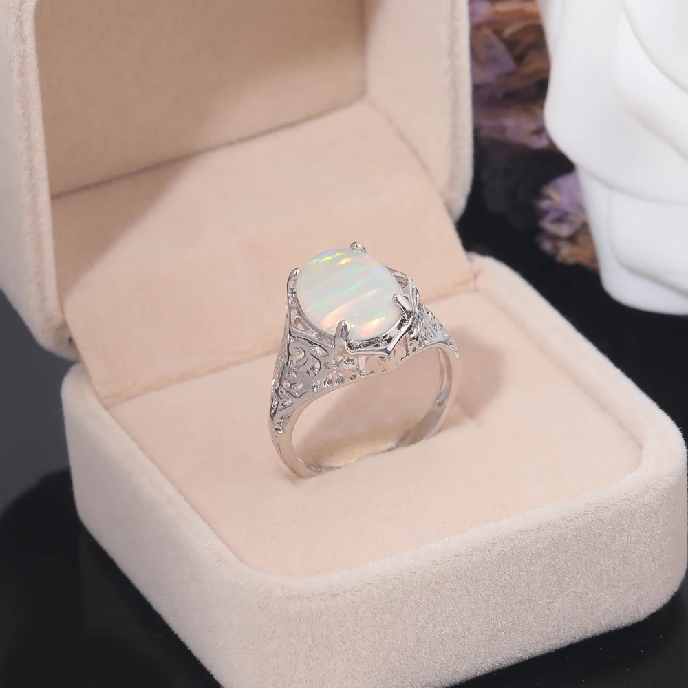 CiNily Created White Fire Opal Rings Silver Plated Oval Stone Hot Sell Fashion Wedding Party for Women Jewelry Ring Size 5-12