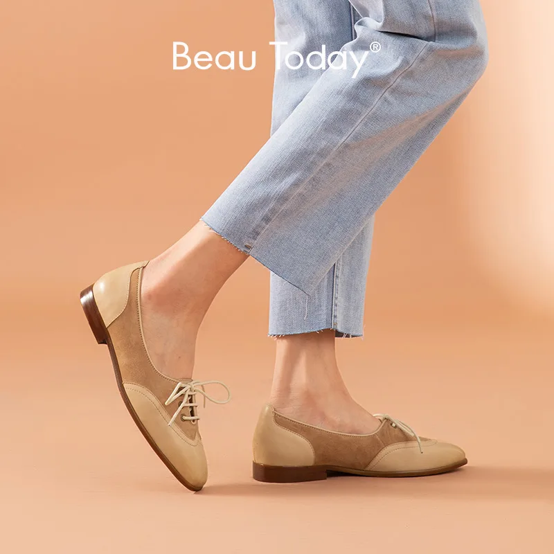 

BeauToday Shallow Flats Women Calfskin Kid Suede Leather Wingtip Square Toe Lace Up Closure Ladies Casual Shoes Handmade 28068