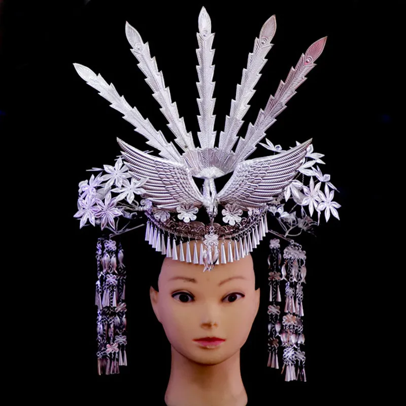 

Long Tassel Miao Silver Crown Headwear Hairpin Princess Queen Cosplay Headdress Minority Stage Performance Dance Headgear