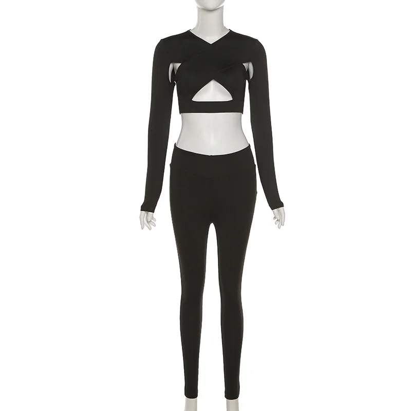 Solid Two Piece Sets Women Skinny Criss-Cross Bandage Crop Top Pant Matching Set Club Outfits Active Sexy Streetwear Clothing