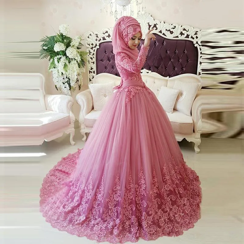 Vestidos de novia musulmanes de manga larga, cuello alto, de encaje, estilo islámico Vintage Dubái, con Hijab, 2019