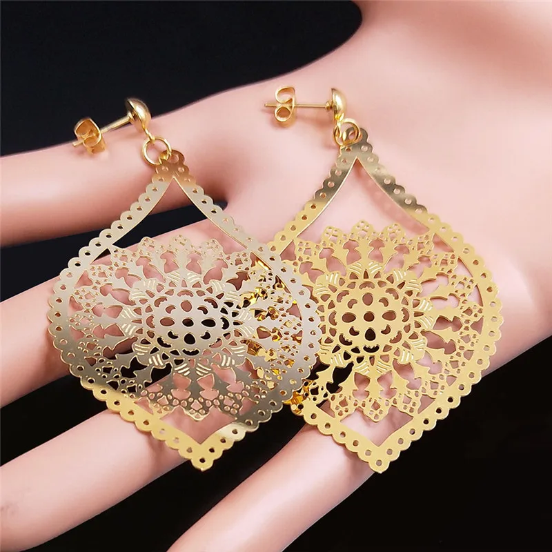 Fashion Bohemia Stainless Steel Big Long Flower Earring Women Gold Color Floral Stud Earrings Boho Jewelry pendientes flor E9144