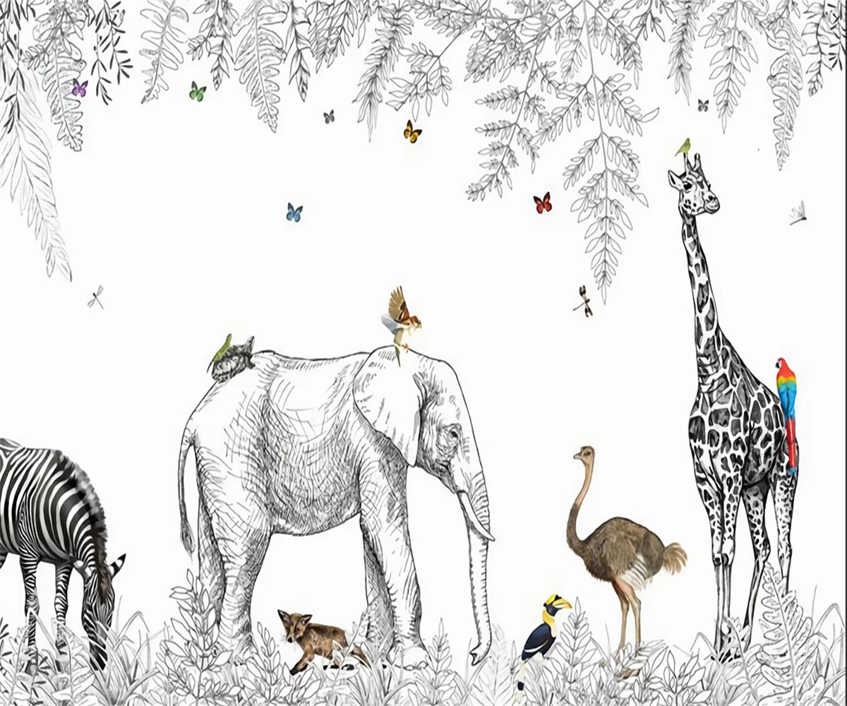 Custom Wall Papers Home Decor plant  Animals Wallpapers for Bed Room Kids Silk material Giraffe Elephant Mural Wall 3d wallpaper