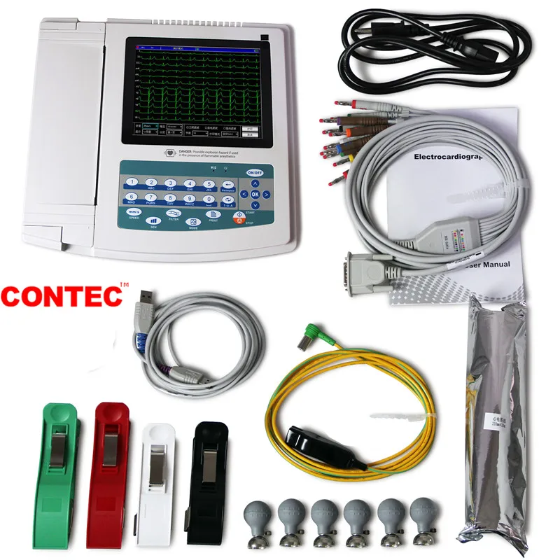 CONTEC-pantalla táctil Digital, 12 canales, 12 cables, ECG, EKG, electrocardiógrafo, Software para PC, ECG1200G