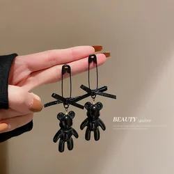 Trendy Black Bear Earrings Woman Bow Pin Chain Drop Cute Girl Fashion Jewelry Accessories