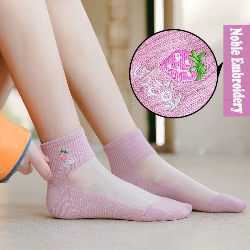 

Spring And Summer Women's Crystal Silk Stockings Cotton Bottom Lace Socks Fruit Noble Embroidery Cartoon Breathable Boat Socks