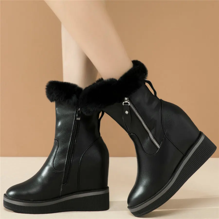 

Shoes Women Genuine Leather Wedges High Heel Pumps Female Winter Warm Rabbit Fur Fashion Sneakers High Top Punk Goth Snow Boots