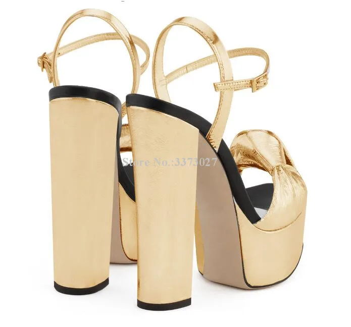 Gold Color Chunky Heel Platform Sandals Women Fashion Thick Heel Knot Sandals Lady Large Size Peep Toe Gladiator Sandals Shoes