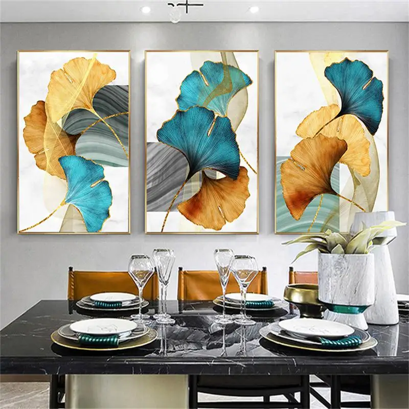 Blue Green Yellow Gold Plant Leaf Abstract Poster Nordic Canvas Print Wall Art Painting Modern Picture Living Room Decoration