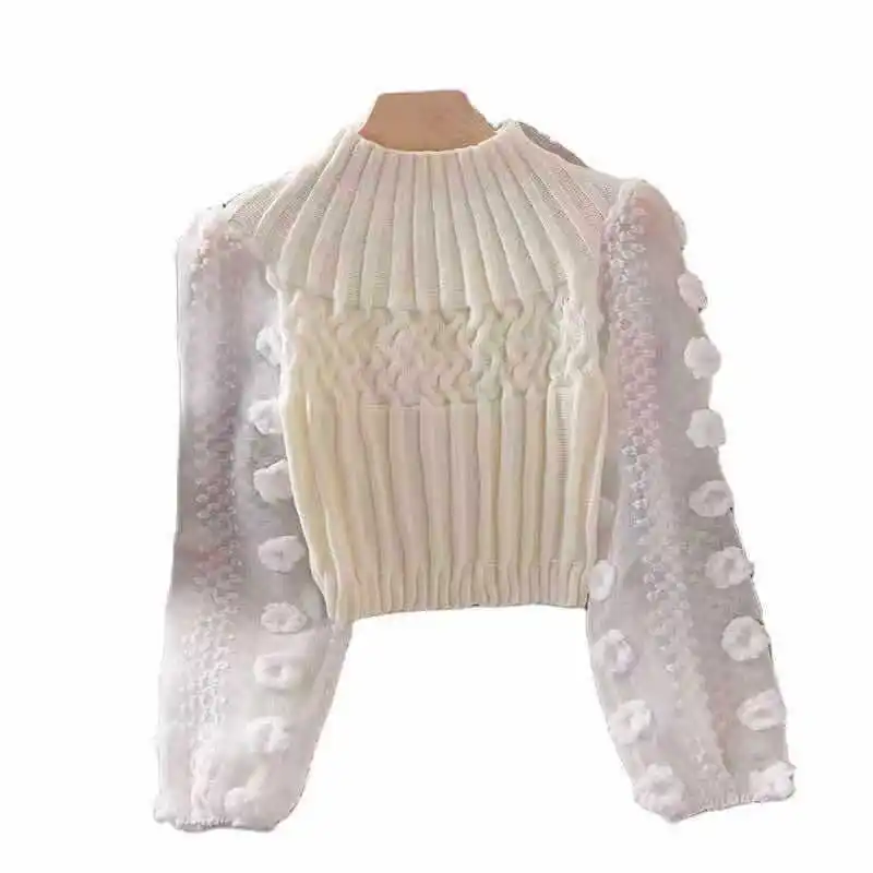 2022Super Fairy Bubble Sleeve Mesh Stitching Crew Neck Tight Slim Short Women\'s Sweater T-shirt