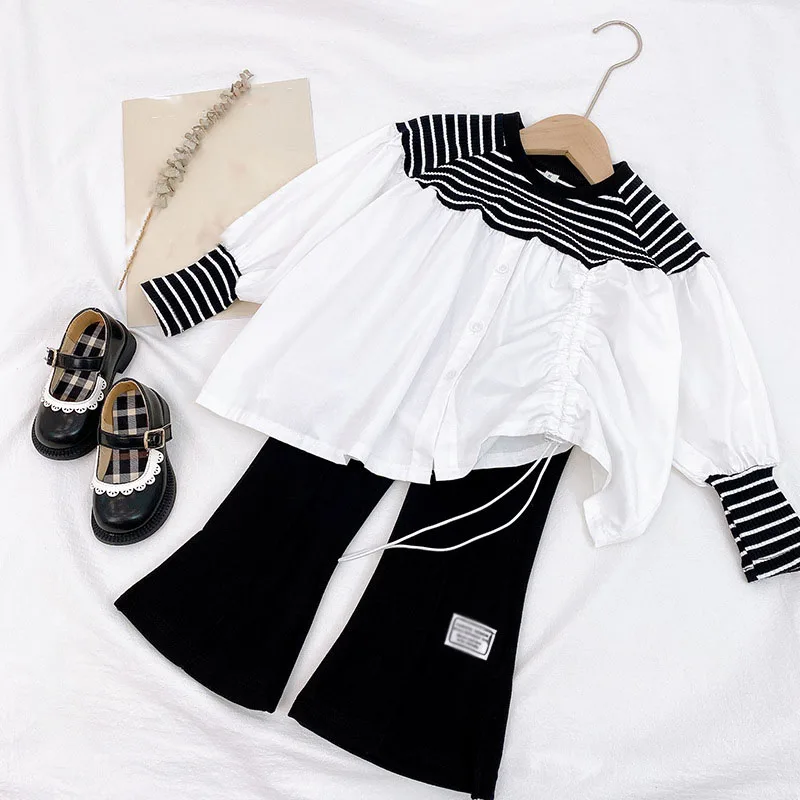 2021 Autumn New Children\'S Clothing Girls Korean Striped Stitching Top And Flared Pants Two-Piece Baby Kids Girls Clothes Suit