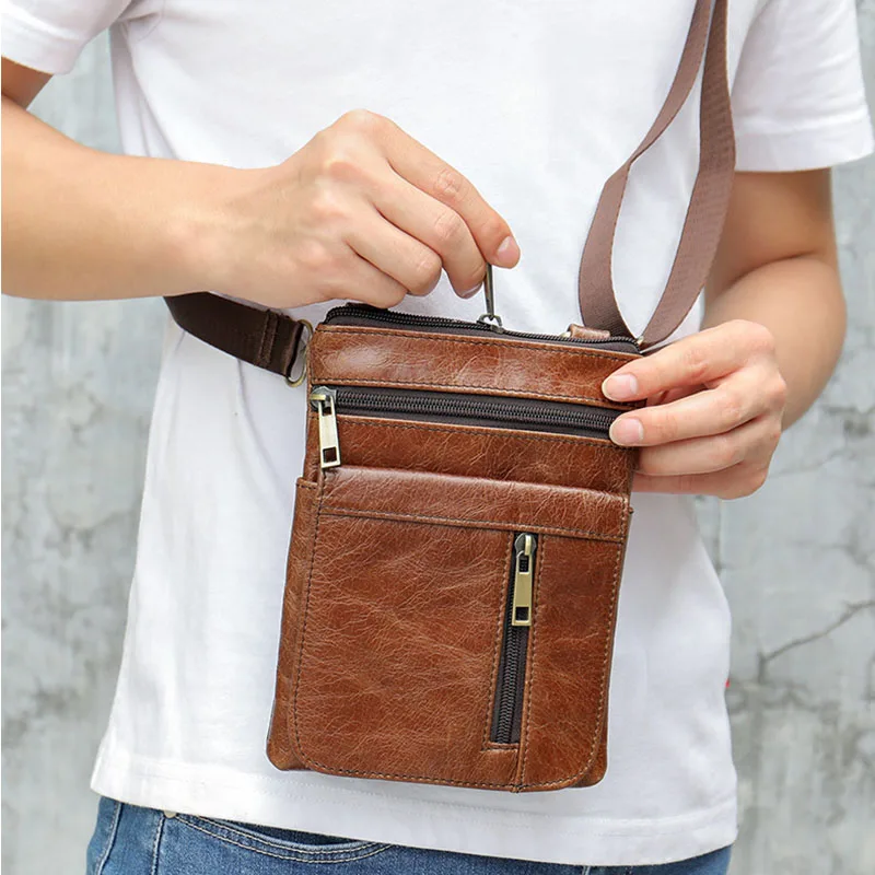 

Genuine Leather Small Shoulder Bag For Man Soft Natural Cow Leather Zipper Phone Pouth Male Sling Bag Mini Flip Cover Travel bag