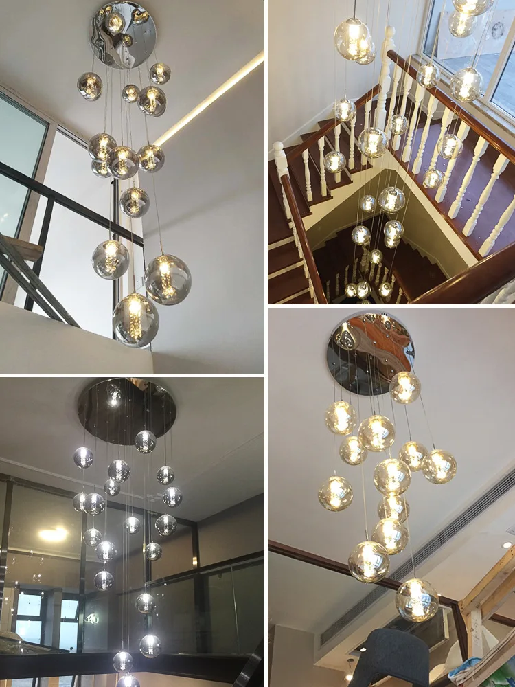 Nordic glass ball chandelier staircase black ball light spiral light g4 led staircase hotel chandelier villa lighting staircase