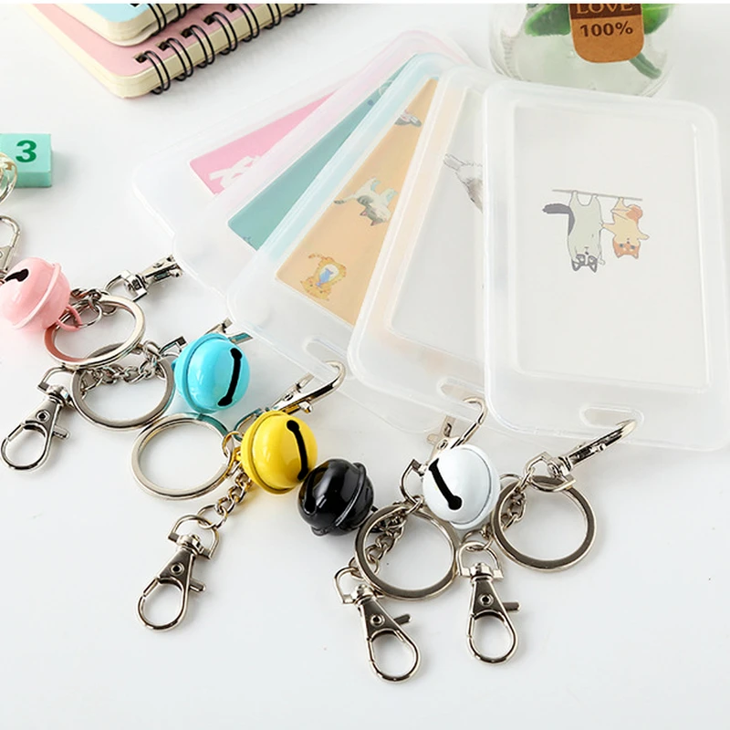 Cartoon Bank Office Bus School Business Credit Card Holder Cute Student Worker ID Card Case with Bell Keychain for Kids Gift