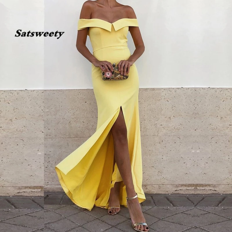 

Simple Yellow Prom Dresses New V-Neck Off the Shoulder Satin Party Maxys Split Long Evening Gown Mermaid Prom Dress