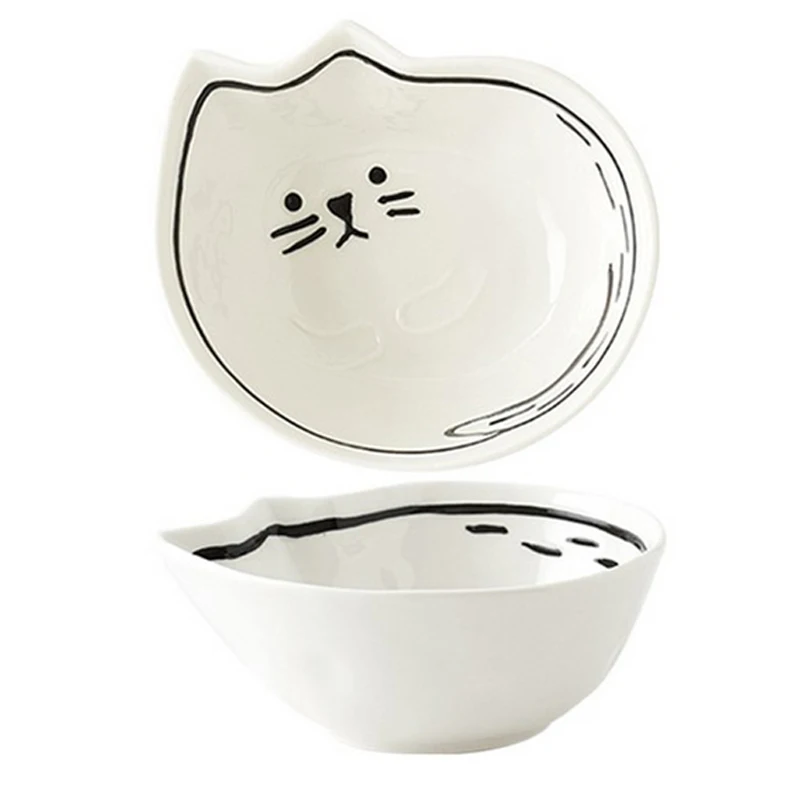 White Ceramic Bowl Creative Cartoon Cat Dog Food Container Salad Bowl Cat And Fish Shape Ceramic Dish Home Kitchen Supplies