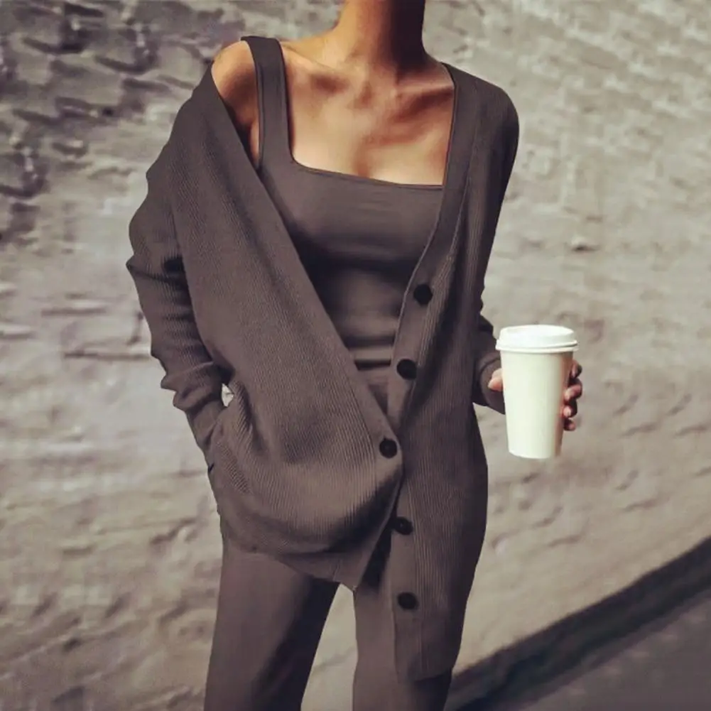 2021 Women Three Pices Set Autumn Winter Knitted Solid Cardigan Tops Tank Top And Casual Loose Long Pants Female Suit Tracksuit