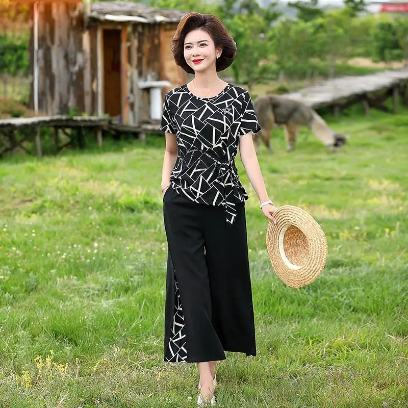 

2022 Summer Two Piece Sets Printing Short Sleeve Tops + Wide Leg Pants Suits Casual Ladies Office Women Clothing Y891